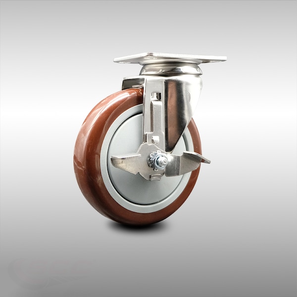 5 Inch 316SS Maroon Polyurethane Wheel Swivel Top Plate Caster with Brake SCC